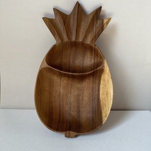 Vintage Hand Carved Monkey Pod Wooden Pineapple Bowl Dish 9-1/2 In Long